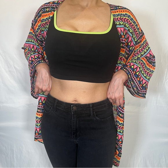 Neon Aztec Lightweight Chiffon Kimono Cardigan with Black and Lime Crop Top - Picture 3 of 7
